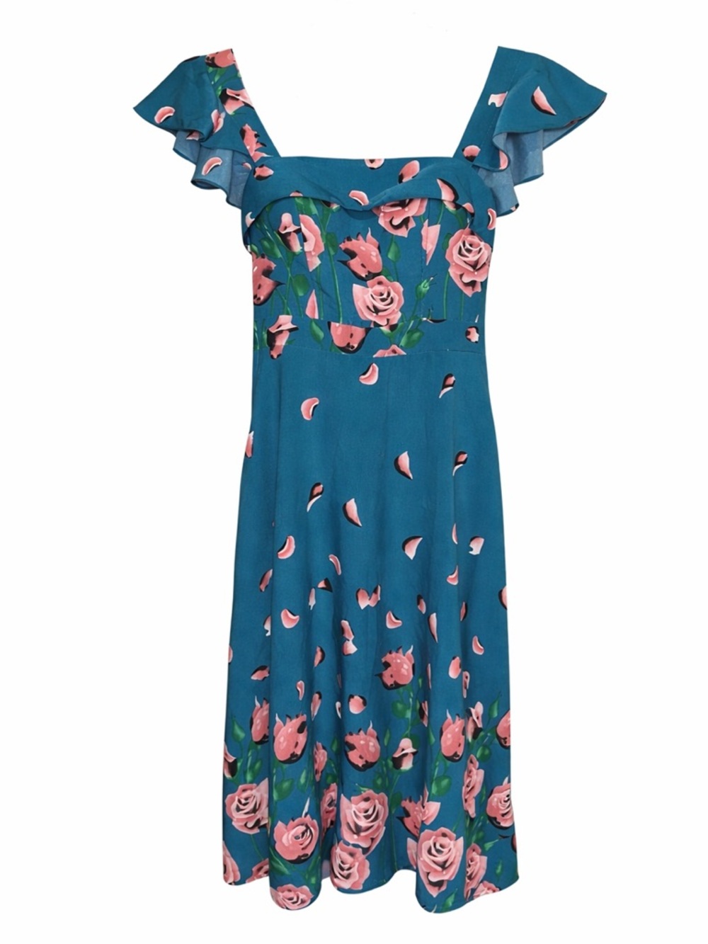 Blue Floral Midi Dress w/ Pockets, Ruffle Sleeves & Smocked Back — Built-In Cups